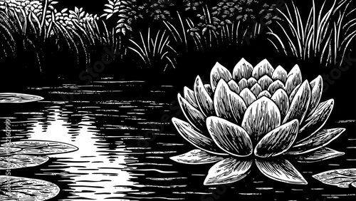 lotus flower blooming in a calm pond, symbol of purity and peace, great for yoga studio decor, meditation guides or shoulder tattoos a black and white line art illustration