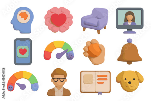Colorful 3d clay icons representing technology, emotions, and communication