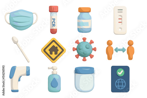 Covid-19 safety icons: mask, vaccine, pcr test, social distance, hand sanitizer