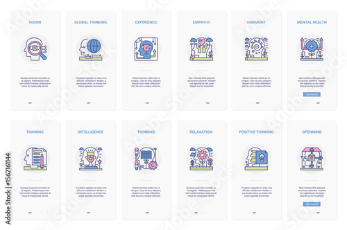 Mind process, mental health, education vector illustration. UX, UI onboarding mobile app page screen set with line relaxation, training intelligence, empathy harmony, openmind and global vision