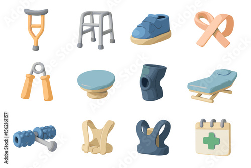 Medical and rehabilitation equipment icons in soft tones