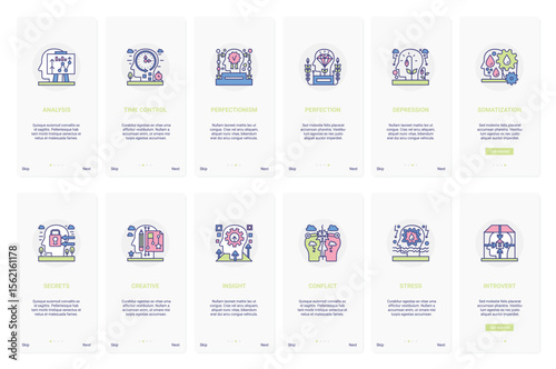 Mind health processes, psychology medical problem vector illustration. UX, UI onboarding mobile app page screen set with line creative analysis time management, perfectionism, stress depression