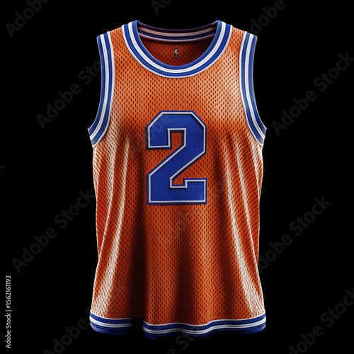 An orange basketball jersey with blue and white accents isolated on black