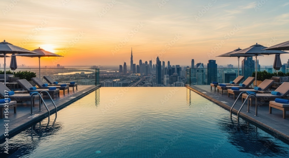 Naklejka premium Rooftop infinity pool overlooking Dubai's stunning sunset cityscape.