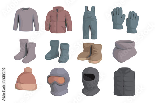 Winter clothing collection with outerwear and accessories illustration