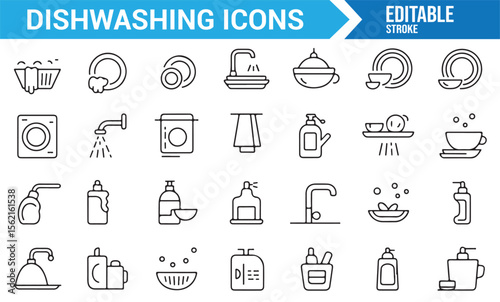 Set of kitchenware icons representing dishwashing tools, detergents, and cleaning supplies.