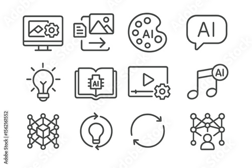 Ai technology icons: innovation in art, music, video, and data visualization
