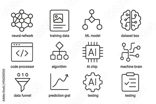 Machine learning icons with neural networks and ai concepts on metallic background