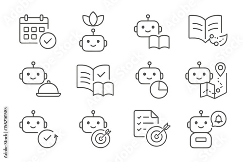 Robot icons with calendar, book, map, and target on gray background