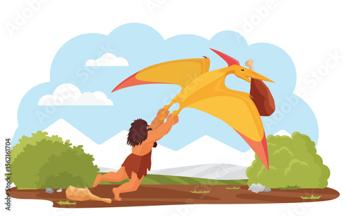 Primitive cave man and prehistoric pterodactyl vector illustration. Cartoon stone age caveman character hunting, neanderthal tribe hunter taking food from ancient pterodactyl isolated on white
