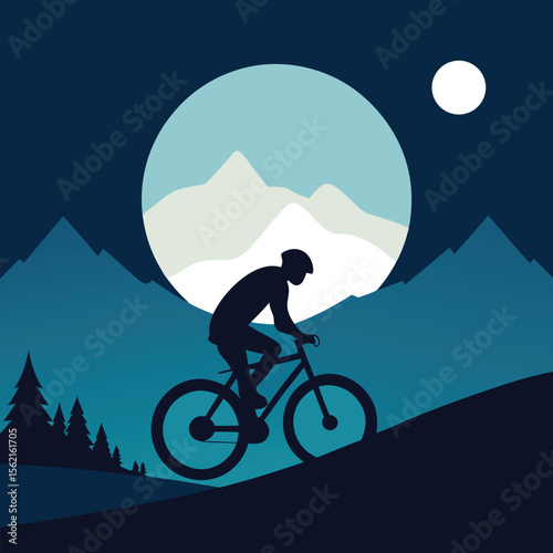 Minimal night cycling scene with blue gradient and flat landscape view