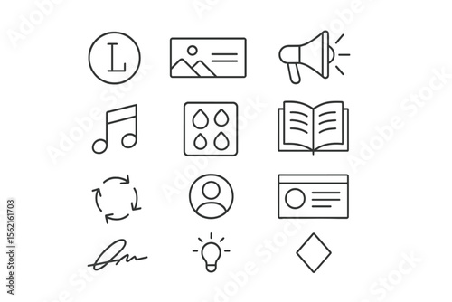 Minimalistic icon set with music, book, and profile symbols