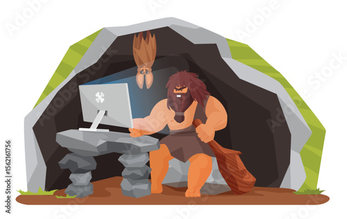 Ancient caveman using computer in prehistoric cave vector illustration. Cartoon stone age wild man character sitting with pc and wooden club in hand, neanderthal people evolution isolated on white