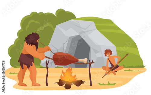 Primitive neanderthal people cooking food near cave vector illustration. Cartoon prehistoric stone age scene with caveman tribe group of characters sitting by fire to cook meat isolated on white