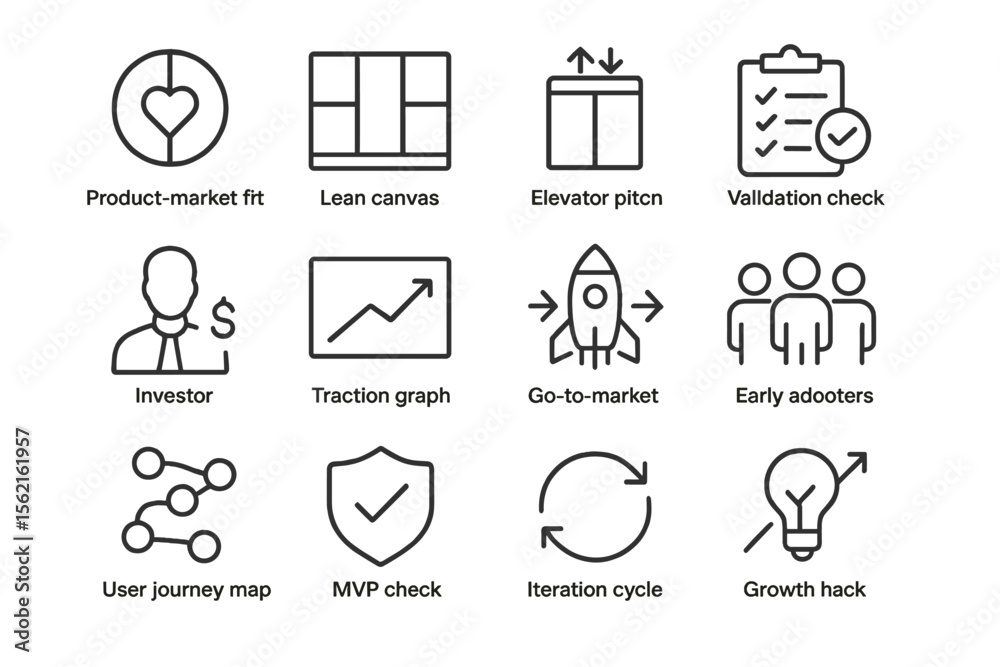 Fototapeta premium Startup strategy icons: growth, marketing, investor, graph, innovation steps