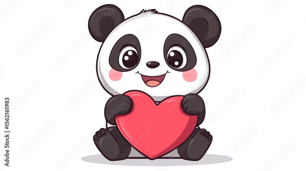 Naklejka premium Cute cartoon panda sitting and holding a pink heart, white background