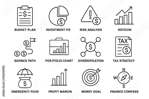 Financial planning icons: budget, investment, risk, profit, tax, savings, diversification