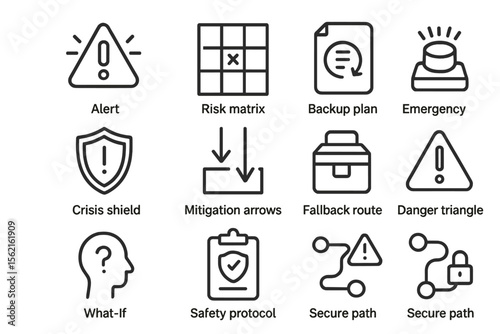 Safety protocol and risk management icons for crisis and emergency response