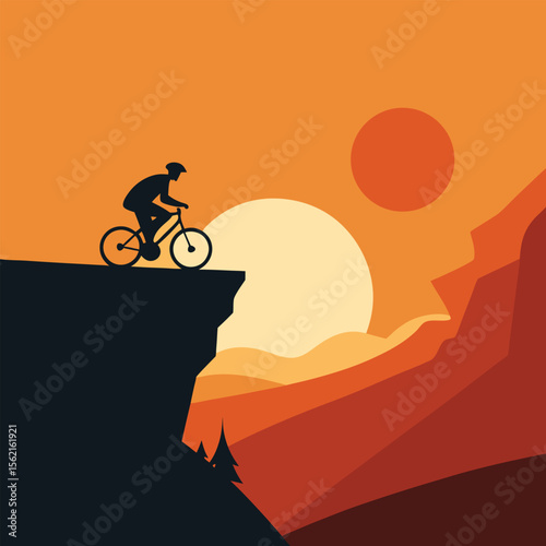 Cyclist on orange hill with dramatic sunset sky in silhouette vector scene