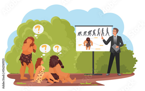Primitive tribe people training studying vector illustration. Cartoon stone age caveman character group sitting at lecture presentation on human evolution, teacher in suit teaching isolated on white