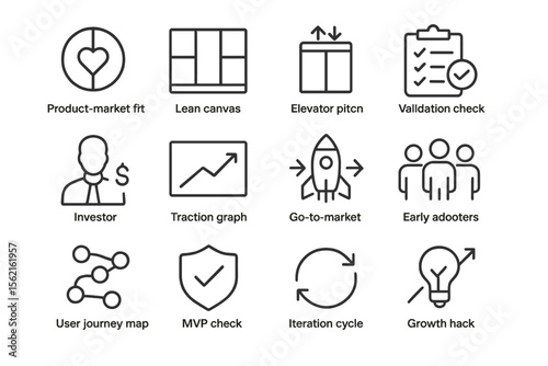 Startup strategy icons: growth, marketing, investor, graph, innovation steps