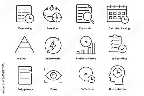 Time management techniques: pomodoro, task batching, time blocking icons