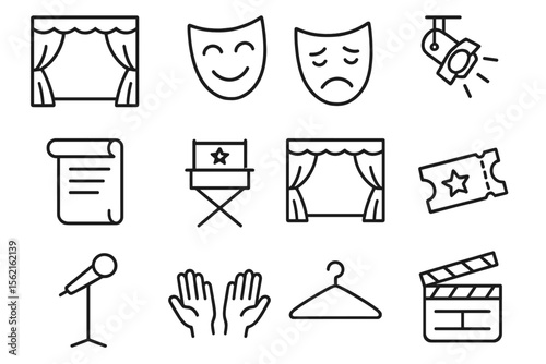 Theater icons set with curtains masks tickets and microphone