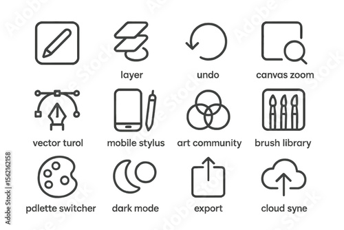 Digital art interface icons for design tools and features