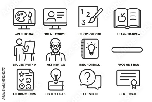 Icons representing art tutorials, courses, education, and creative tools.