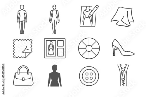 Fashion design icons: tools, clothing, and materials for tailoring