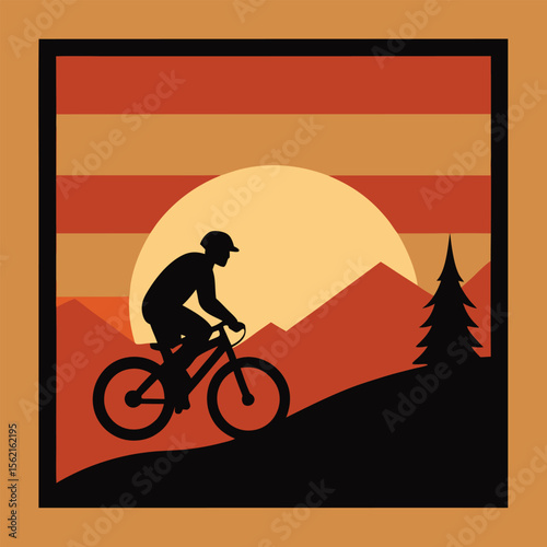 Retro-style cyclist on hill during sunset in flat vector scenic artwork