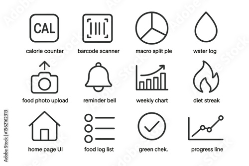 Fitness app icons: calorie counter, barcode scanner, water log, weekly chart