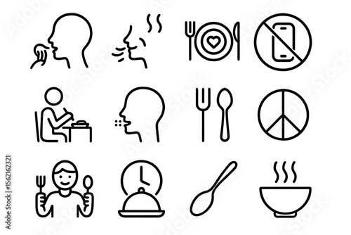 Dining etiquette icons: eating, conversation, meal time, utensils, dining symbols