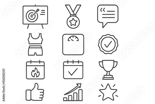 Fitness and achievement icons: goals, medals, calendars, and trophies