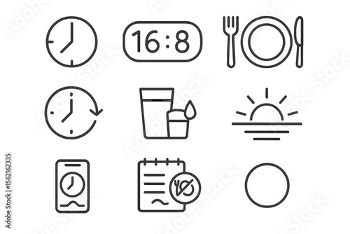 Intermittent fasting icons with clock, plate, and sunrise symbols