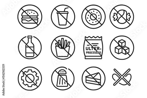 Prohibited foods icon set: unhealthy snack and drink warnings