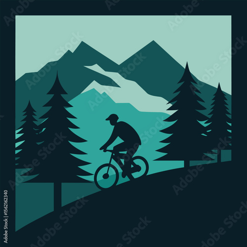Minimal vector of road bike travel adventure through mountains and forest