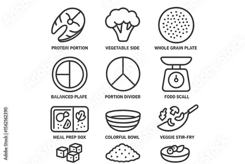 Meal planning icons: balanced plate, portion, food scale, veggie stir-fry