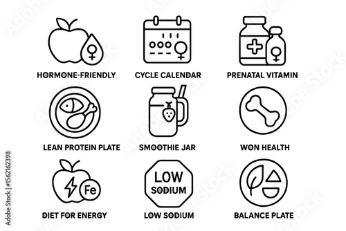 Women's health icons: nutrition, vitamins, cycle, and energy