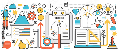 Business startup work technology. Analysis and research process on ideas or project, strategy of progress management and start of innovation in infographic concept banner, thin line art design