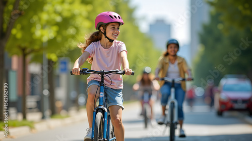 A young girl student rides with friends around the summer city on a bicycle or scooter. Active leisure, environmentally friendly urban transport

