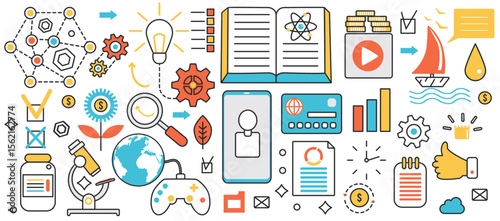 Success business idea. Creative startup with light bulb symbol and knowledge, global data digital research, communication and strategy solution in infographic concept banner, thin line art design