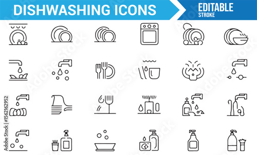 A collection of dishwashing icons, depicting various cleaning tools, detergent bottles, and dishwashing activities in a minimalist line art style.