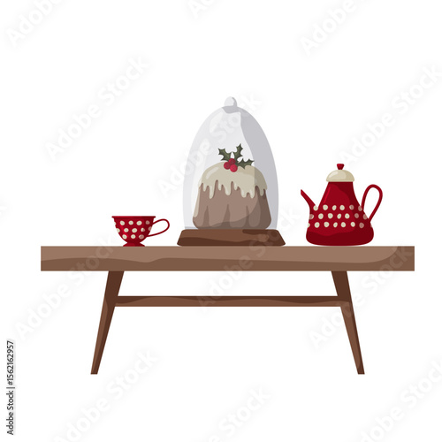 Festive dessert display on wooden table with tea and accessories for a cozy gathering