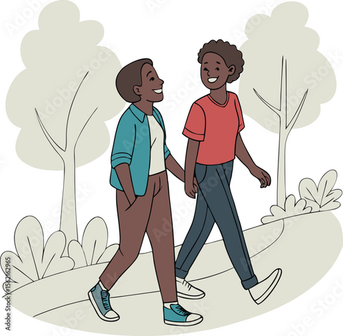 A heartwarming illustration of two Black adults walking together in a park.