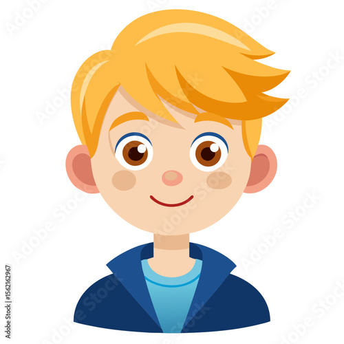 happy blond boy, smiling boy, very happy child, cheerful boy, light skin boy, boy portrait, blond hair child, European boy, cartoon boy, boy face, child character, white background, flat design, boy a