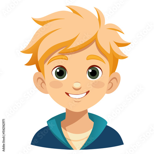 happy blond boy, smiling boy, very happy child, cheerful boy, light skin boy, boy portrait, blond hair child, European boy, cartoon boy, boy face, child character, white background, flat design, boy a