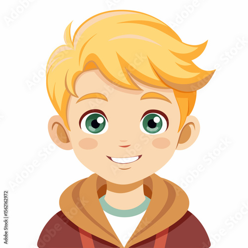 happy blond boy, smiling boy, very happy child, cheerful boy, light skin boy, boy portrait, blond hair child, European boy, cartoon boy, boy face, child character, white background, flat design, boy a