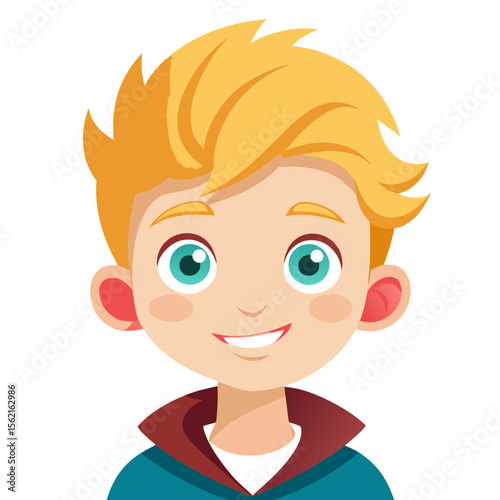 happy blond boy, smiling boy, very happy child, cheerful boy, light skin boy, boy portrait, blond hair child, European boy, cartoon boy, boy face, child character, white background, flat design, boy a
