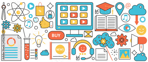 Video online technology. Internet course training or virtual web seminar for students, digital tutorials and news channel, music and vlog podcast in infographic concept banner, thin line art design